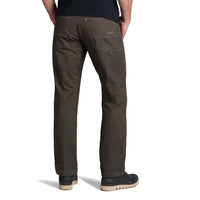 Men's straight-leg pants in dark olive, back view, with patch pocket and zip detail
