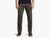 Men's slim-fit dark olive pants with articulated knees, front view on model