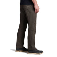 Men's dark olive utility pants with articulated knees and zippered pocket, right side view