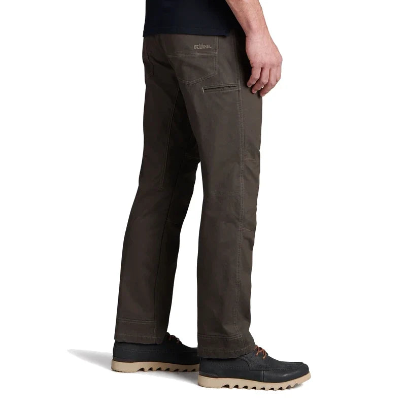 Men's dark olive utility pants with articulated knees and zippered pocket, right side view