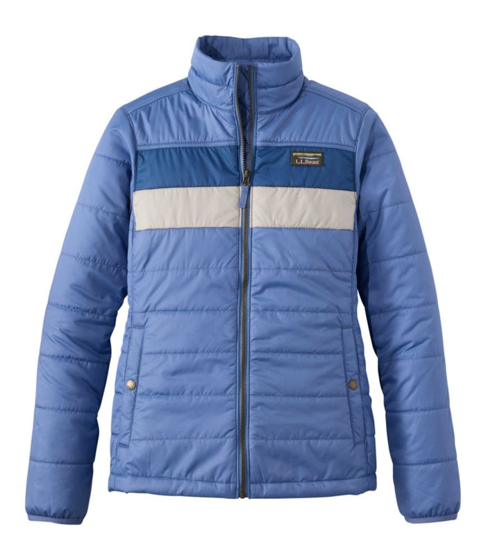 Women's puffer jacket with color block panels, full zip, stand collar, front view
