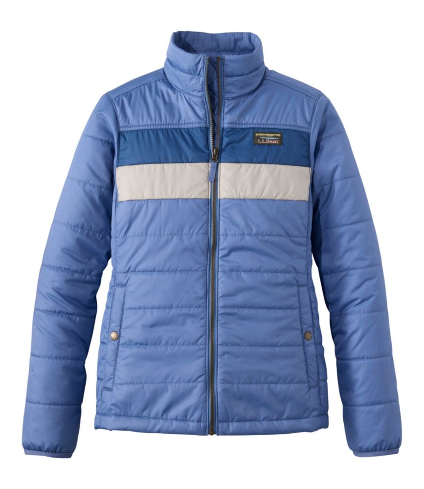 Women's puffer jacket with color block panels, full zip, stand collar, front view