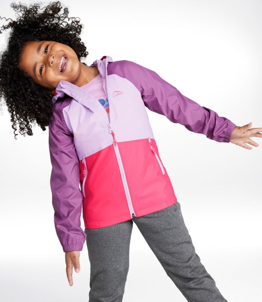 Colorblock windbreaker jacket in purple and coral with full zip worn by child