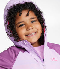 Child wearing purple and lavender hooded rain jacket with front zip closure