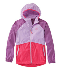Colorblock windbreaker jacket with hood featuring purple, light purple, and coral sections