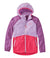 Colorblock windbreaker jacket with hood featuring purple, light purple, and coral sections