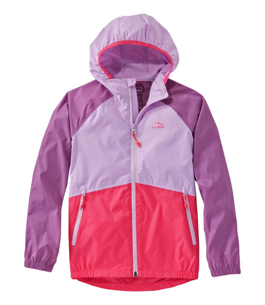 Colorblock windbreaker jacket with hood featuring purple, light purple, and coral sections