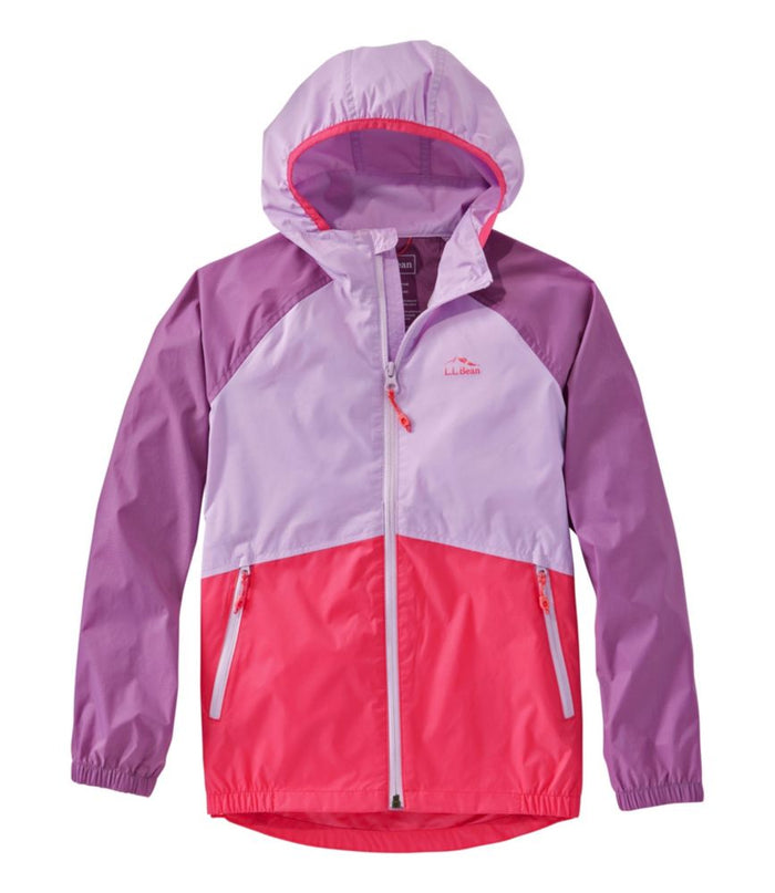 Colorblock hooded windbreaker jacket with purple and coral panels, full zip front view