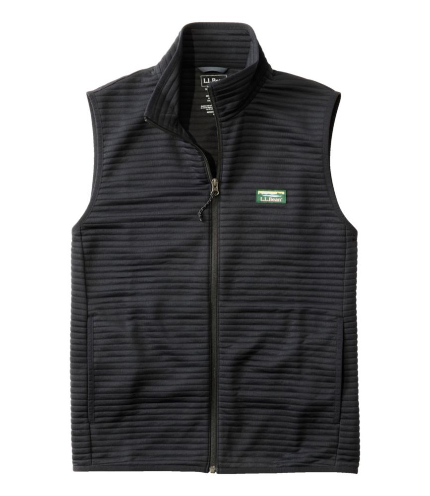 Dark ribbed fleece vest with full zip closure and stand collar, front view