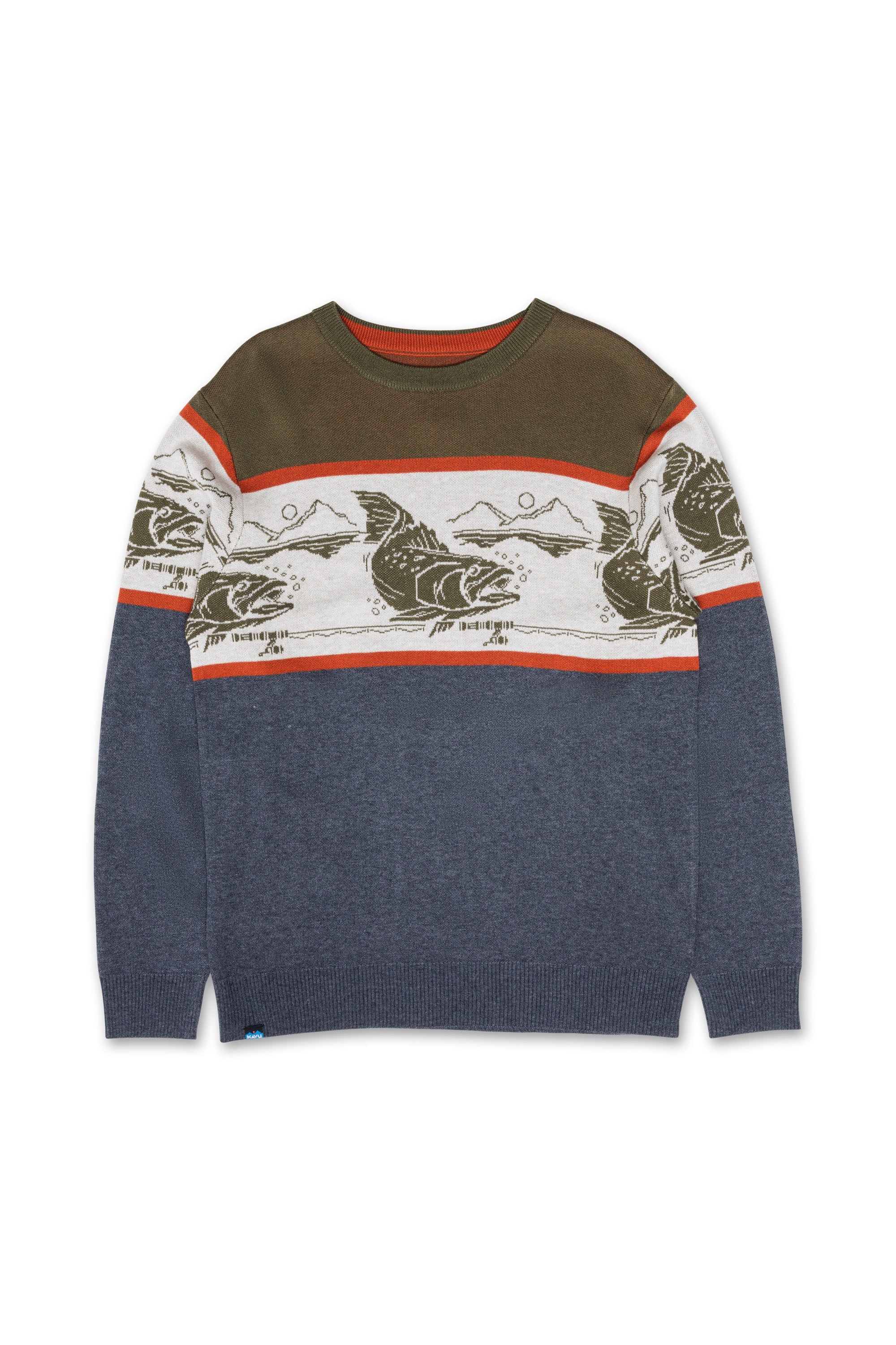 Men's crew neck knit sweater with fish jacquard pattern band, color-blocked in olive, cream, and navy