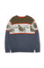 Men's crew neck knit sweater with fish jacquard pattern band, color-blocked in olive, cream, and navy