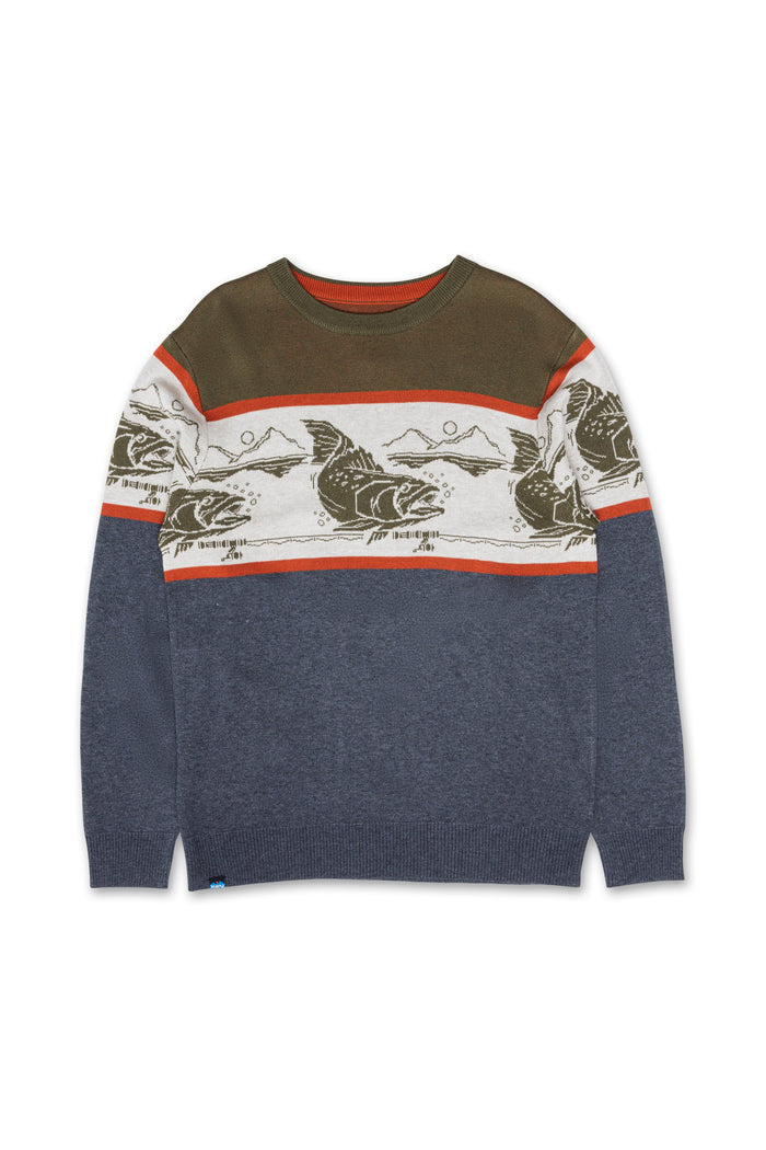 Men's crew neck knit sweater with fish jacquard pattern band, color-blocked in olive, cream, and navy