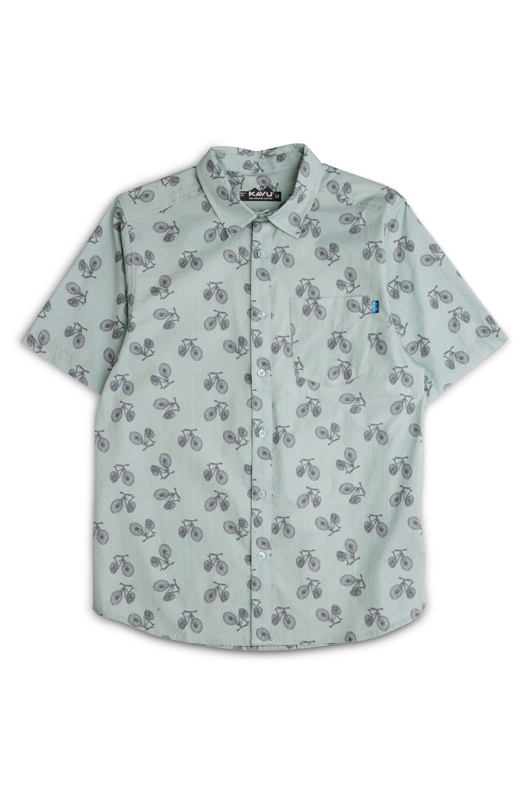 Light green button-up shirt with bicycle print pattern, short sleeves, front view