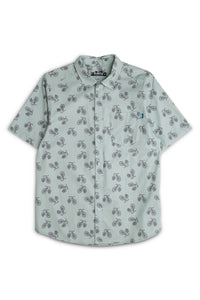 Light green button-up shirt with bicycle print pattern, short sleeves, front view