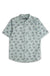 Light green button-up shirt with bicycle print pattern, short sleeves, front view