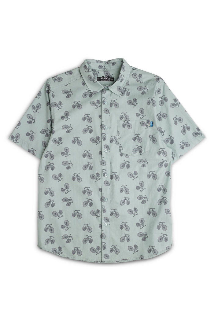 Light green button-up shirt with bicycle print pattern, short sleeves, front view