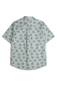 Light green short-sleeve button-up shirt with small bicycle pattern print, back view