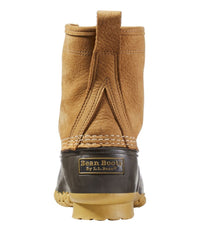 Rear view of 8-inch duck boot with tan leather upper and dark rubber lower shell