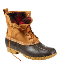 8-inch lace-up duck boot with tan leather upper, dark rubber toe, and red plaid fleece lining