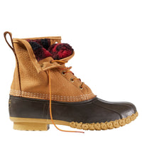 8-inch duck boot with tan leather upper, dark rubber sole, and red plaid fleece lining, side view