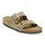 Two-strap suede sandals with adjustable buckles and cork footbed, side angle view