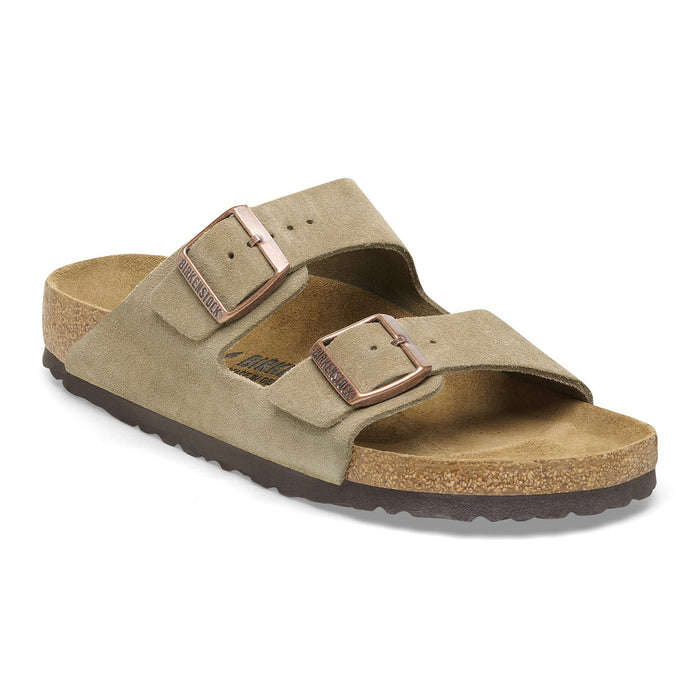 Two-strap suede sandals with adjustable buckles and cork footbed, side angle view