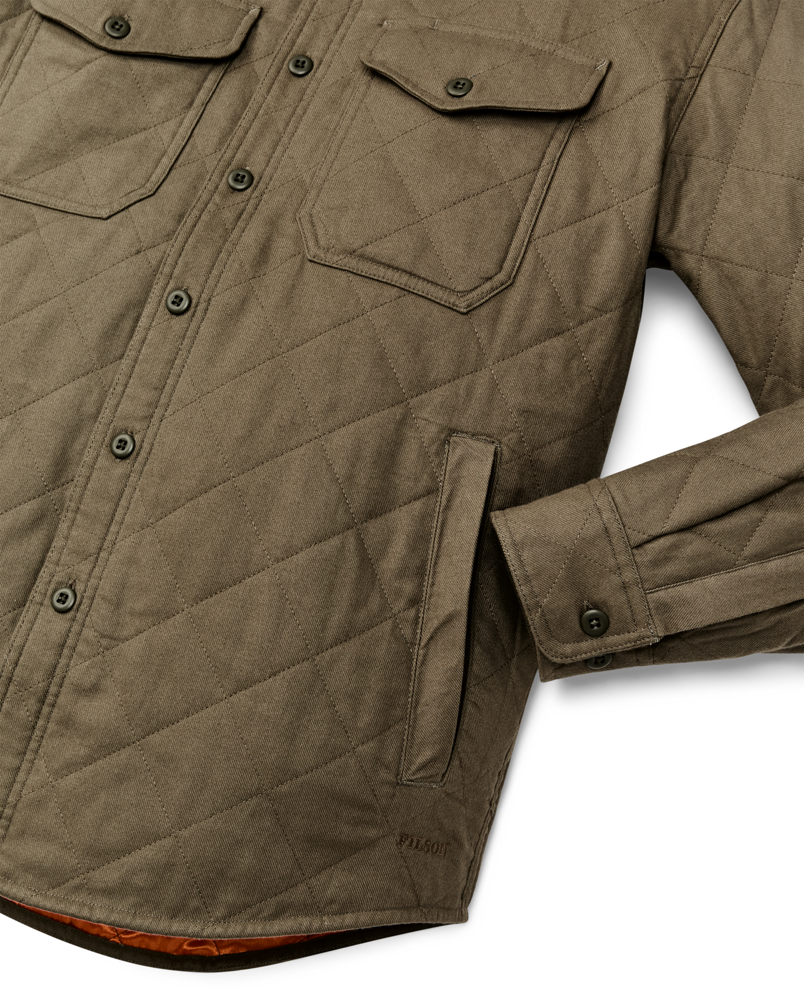 Quilted olive shirt-jacket detail shot showing chest pockets, buttons, and side pocket