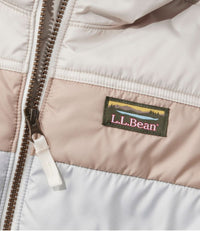 Color block puffer jacket with hood, showing zipper detail and quilted construction
