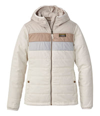 Light colored hooded puffer jacket with color block stripes and full zip front