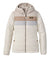 Light colored hooded puffer jacket with color block stripes and full zip front