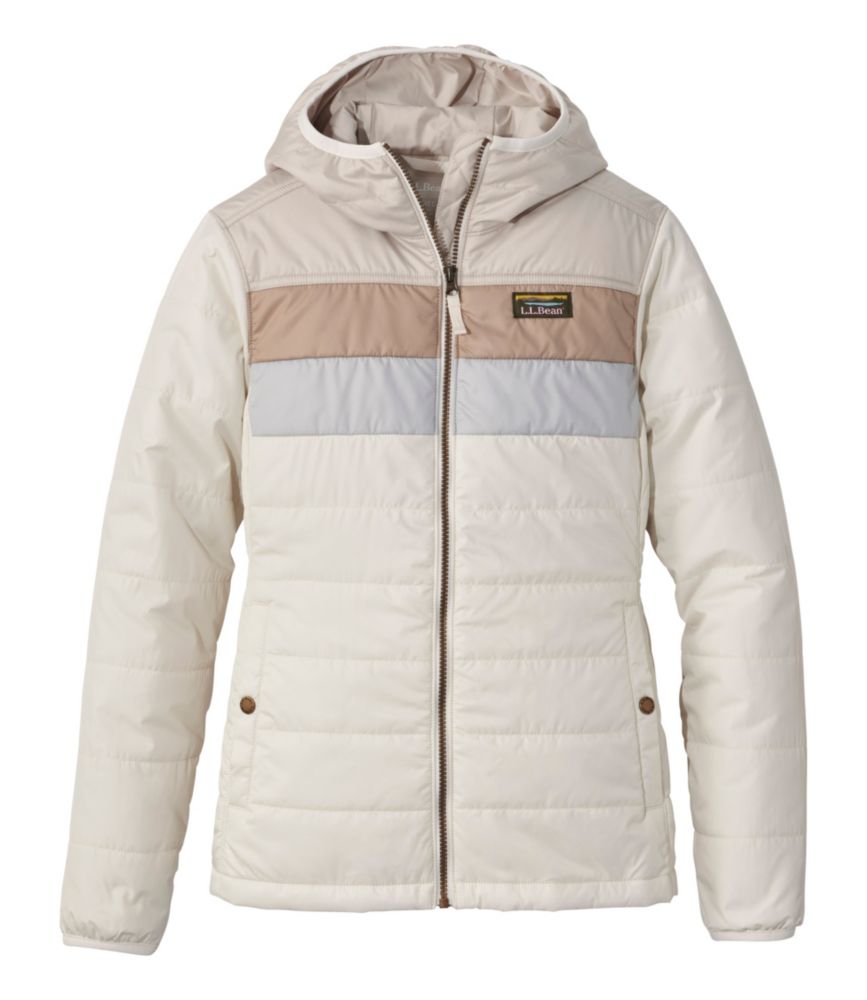 Light colored hooded puffer jacket with color block stripes and full zip front