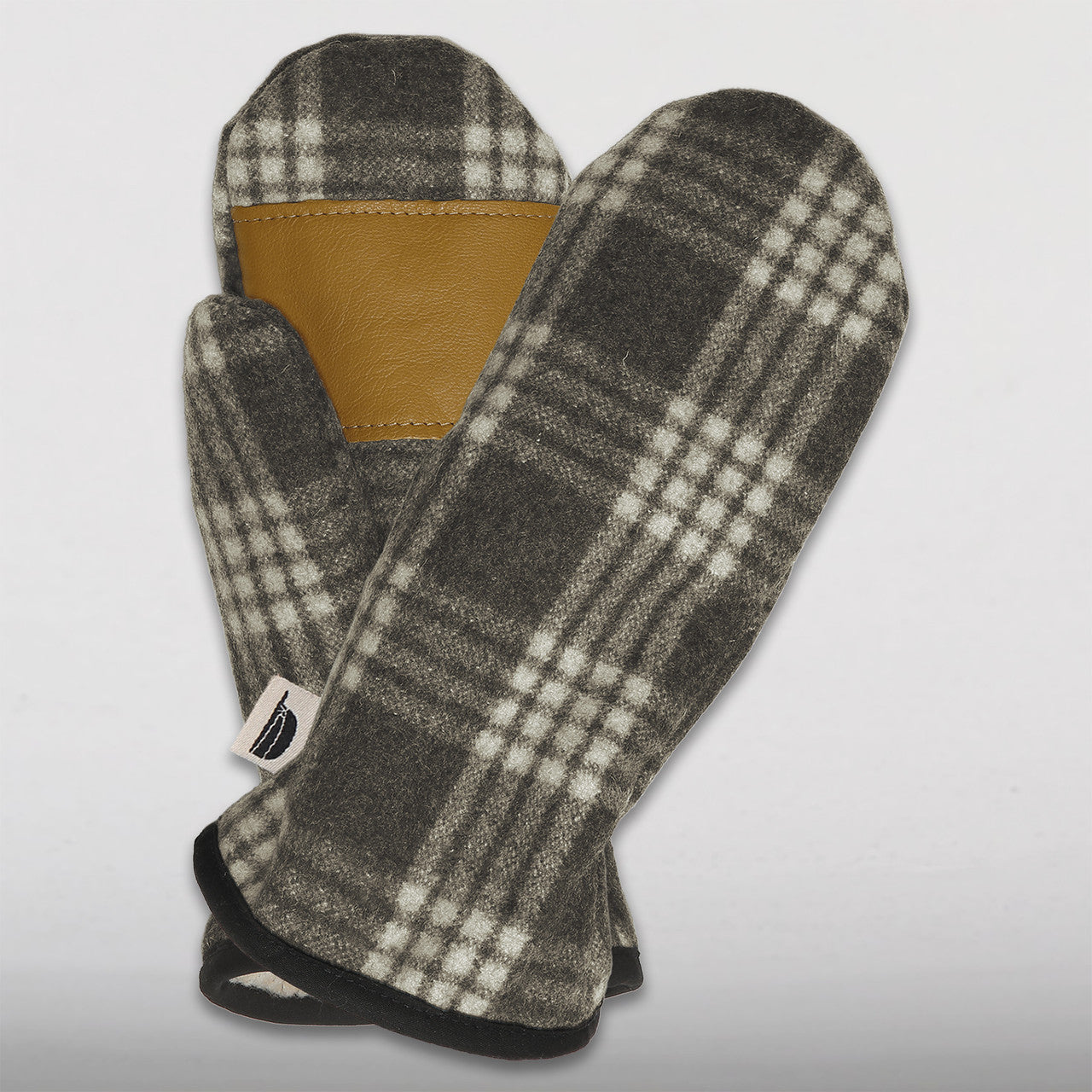 Pair of plaid wool mittens with tan leather palm, shown front and back view