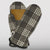 Pair of plaid wool mittens with tan leather palm, shown front and back view