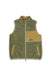 Olive green sherpa fleece vest with full zip, corduroy chest pocket, and tan trim accents