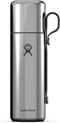 Insulated stainless steel thermos flask with clip handle and branded logo, front view