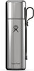 Insulated stainless steel thermos flask with clip handle and branded logo, front view