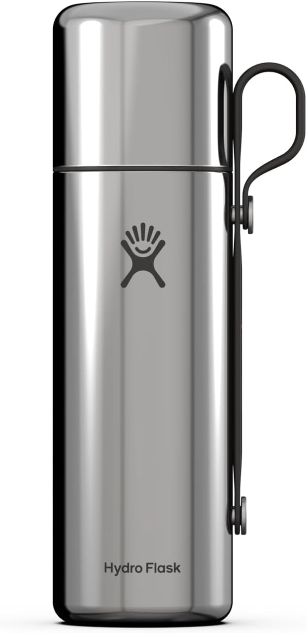 Insulated stainless steel thermos flask with clip handle and branded logo, front view