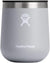 Insulated stainless steel wine tumbler with lid and hand logo, front view