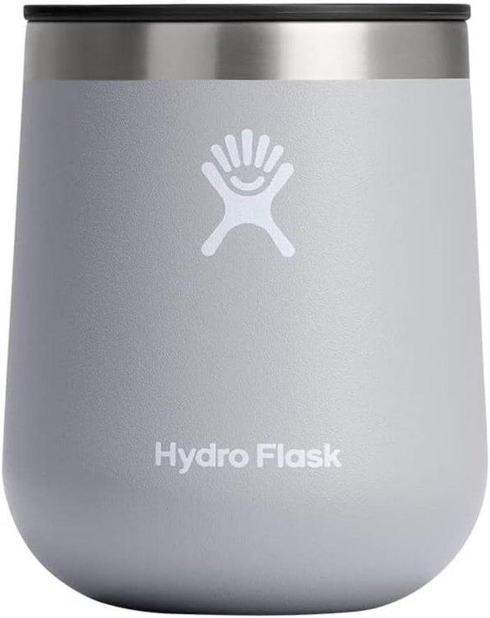 Insulated stainless steel wine tumbler with lid and hand logo, front view