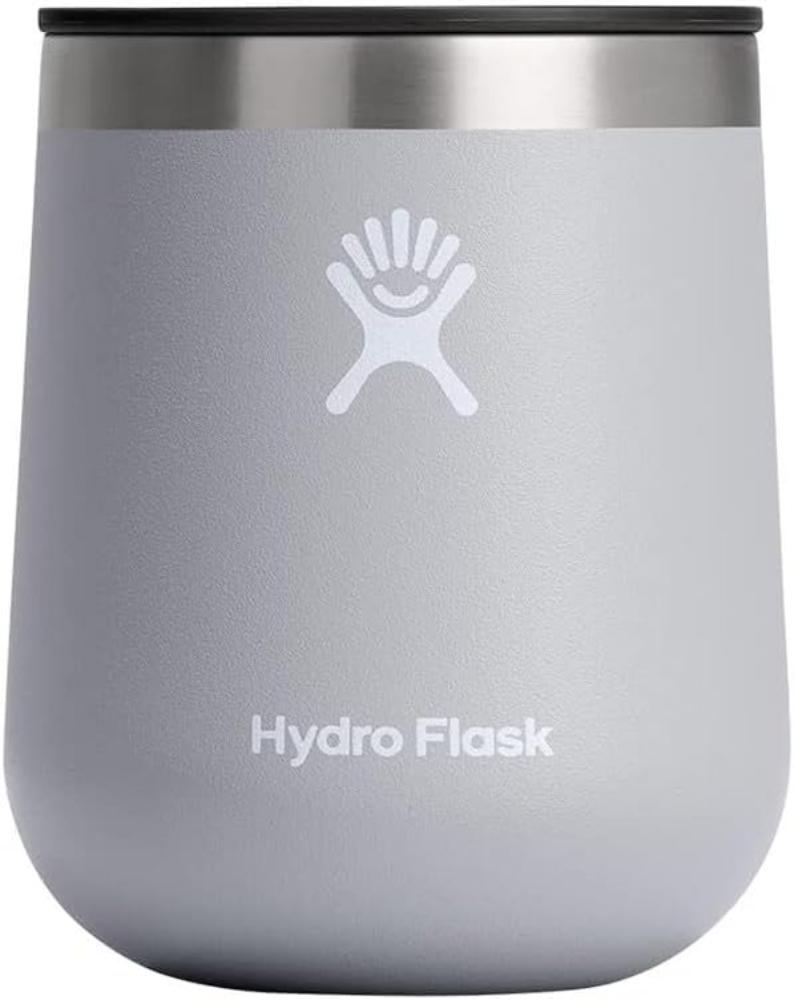 Insulated stainless steel wine tumbler with lid and hand logo, front view