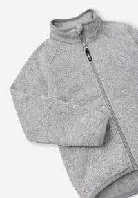 Light gray heather fleece zip-up jacket with stand collar and front zip pocket, detail view