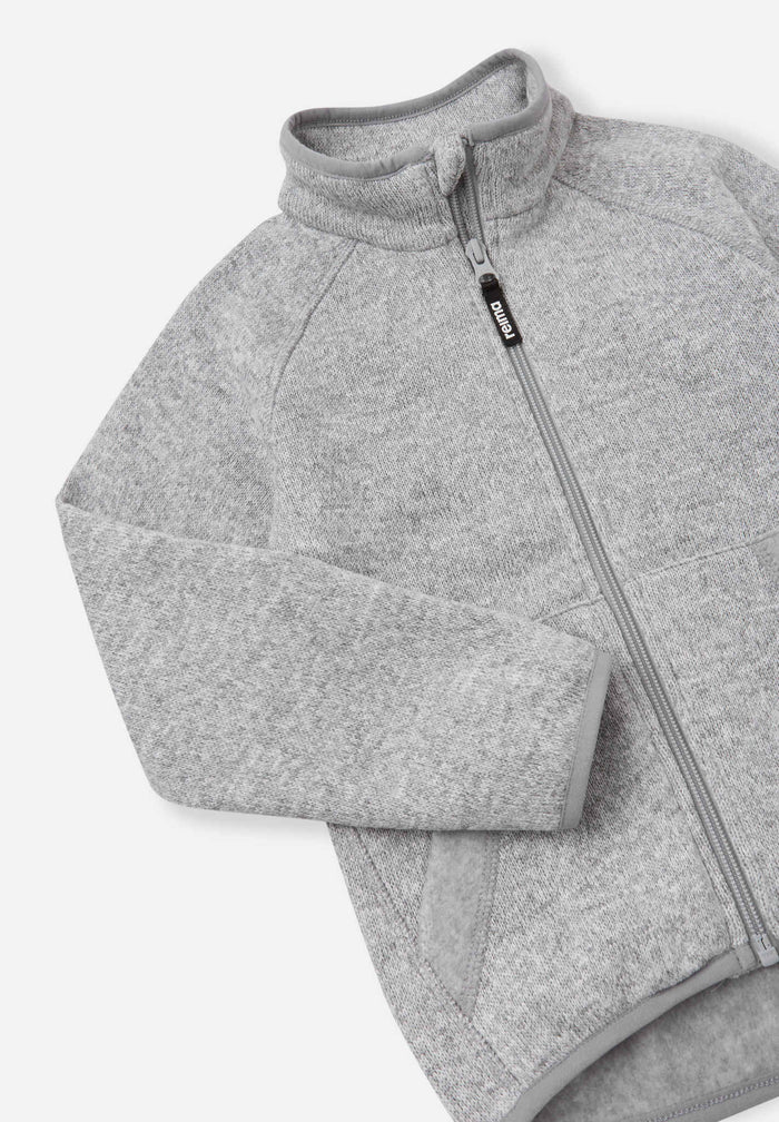 Light gray heather fleece zip-up jacket with stand collar and front zip pocket, detail view