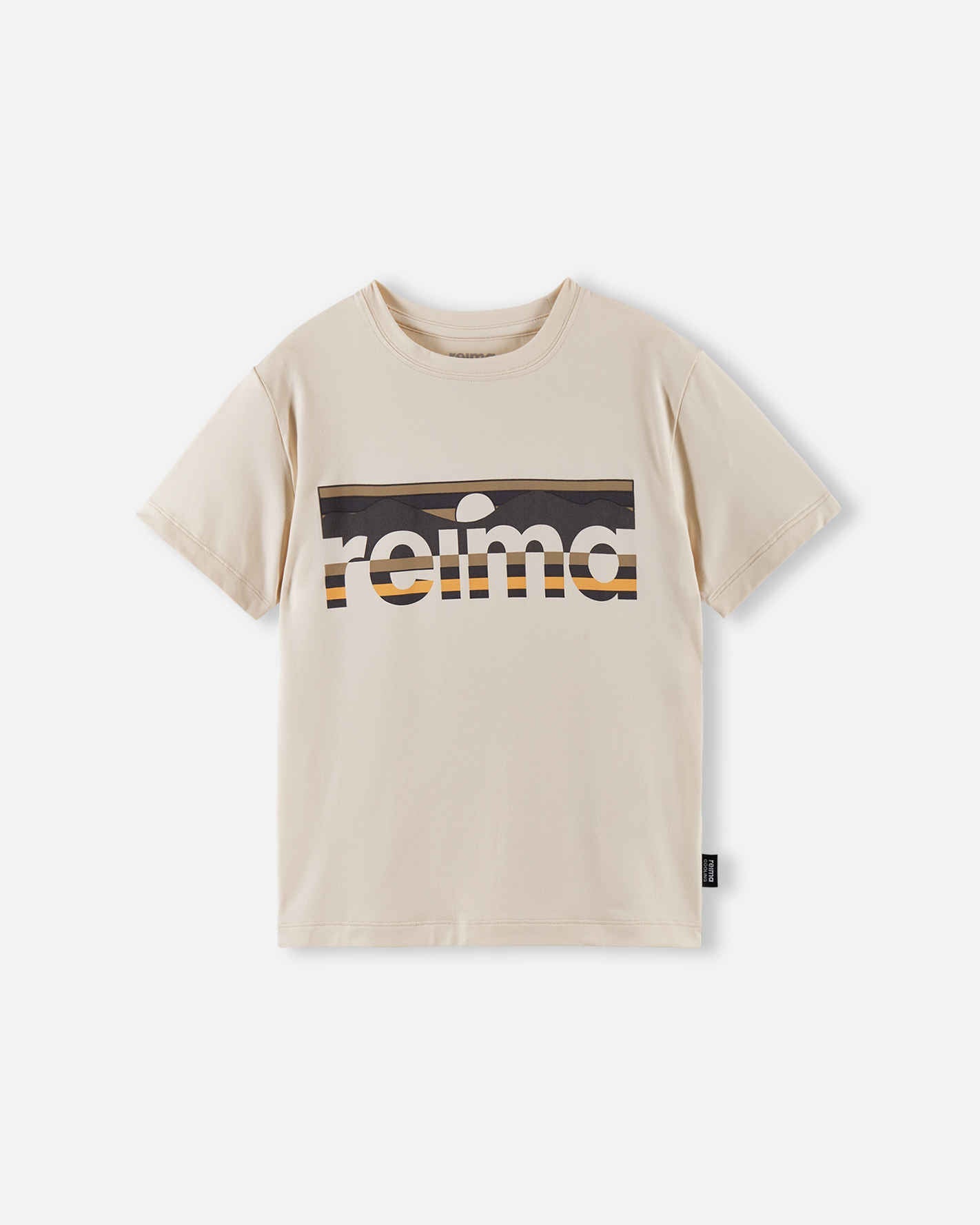 Children's short-sleeve crew neck tee in off-white with bold graphic logo print, flat lay view