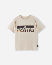 Children's short-sleeve crew neck tee in off-white with bold graphic logo print, flat lay view