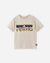 Children's short-sleeve crew neck tee in off-white with bold graphic logo print, flat lay view