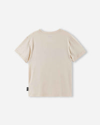 Children's plain off-white short-sleeve t-shirt, back view with small label tag