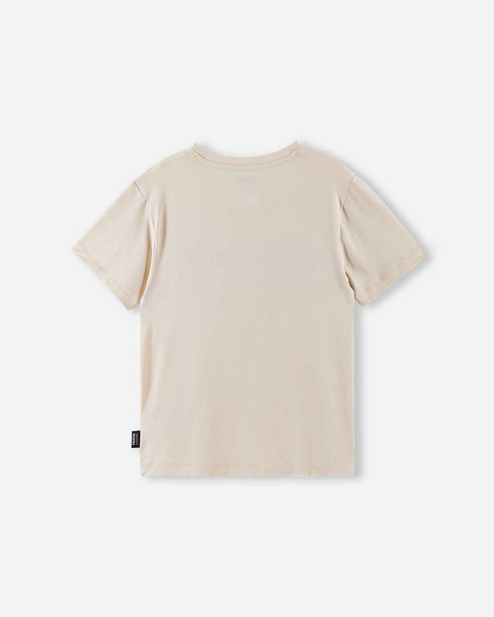 Children's plain off-white short-sleeve t-shirt, back view with small label tag