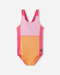One-piece swimsuit with color-blocked design in pink and orange tones, front view