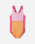 One-piece swimsuit with color-blocked design in pink and orange tones, front view