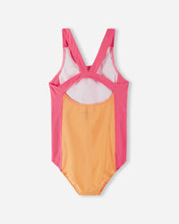 Colorblock one-piece swimsuit with mesh back panel and cross-back straps, back view